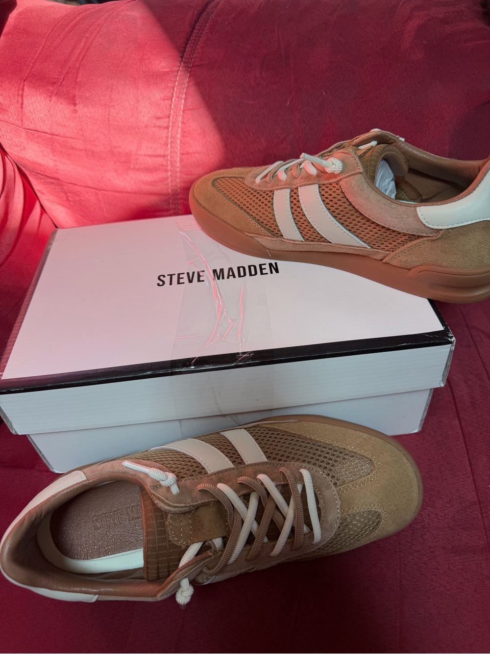 Steve Madden Tan Suede & Mesh Sneakers with White Stripes - Picture 8 of 8